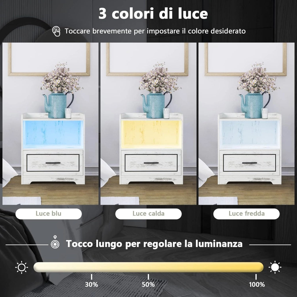 Comodino con LED, Comodino Intelligente con 2 Porte USB, Ripiano Aperto e Cassetto, Luci a Colori Variabili, Bianco, 45 x 40 x 50 cm (2, Bianco)