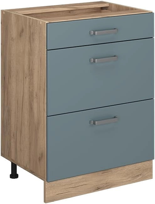 Mobiletto base per cucina R-Line, Grigio-blu, 60 cm con cassetti, senza piano di lavoro, per la libera combinazione all'interno di sistemi cucina modulari