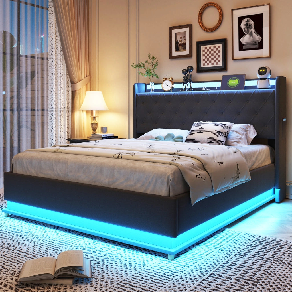 Letti contenitori 140x200 cm; luci LED multicolore e USB; tessuto grigio