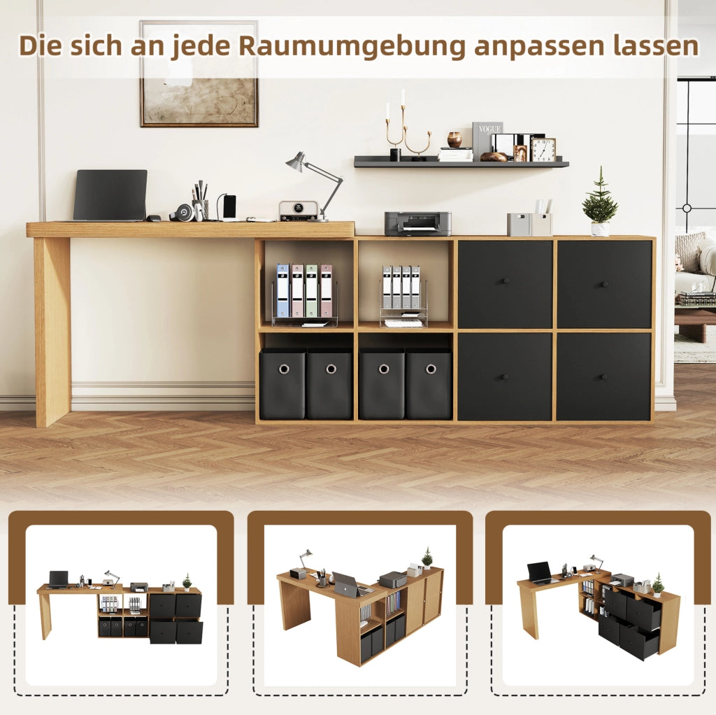 Scrivania angolare girevole 360° in MDF; 120x48x78 cm + 140x35x74 cm; nero e rovere
