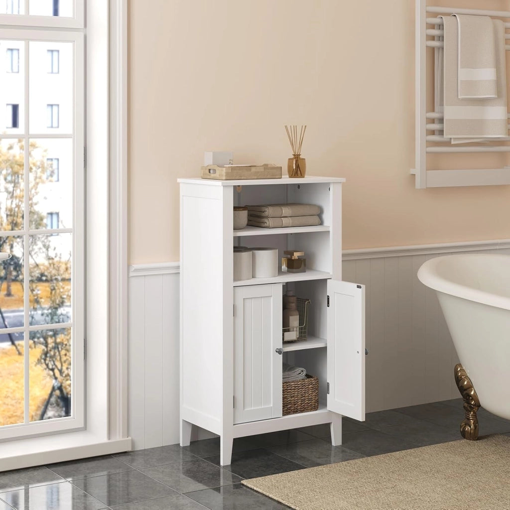 Armadietto da Terra Bianco Mobiletto Bagno Autoportante con Ante Salvaspazio in Legno