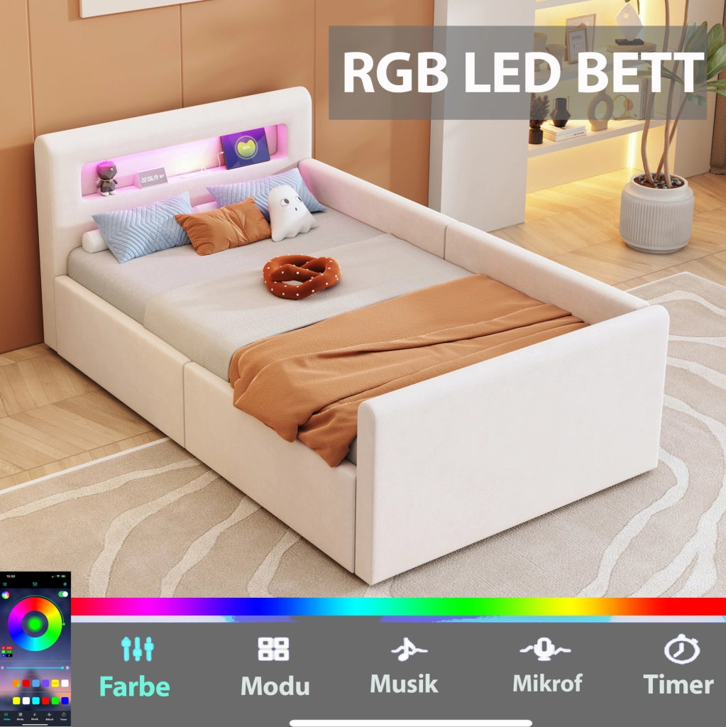 Letto imbottito bambini 90x200 cm con LED; USB e contenitore idraulico; beige