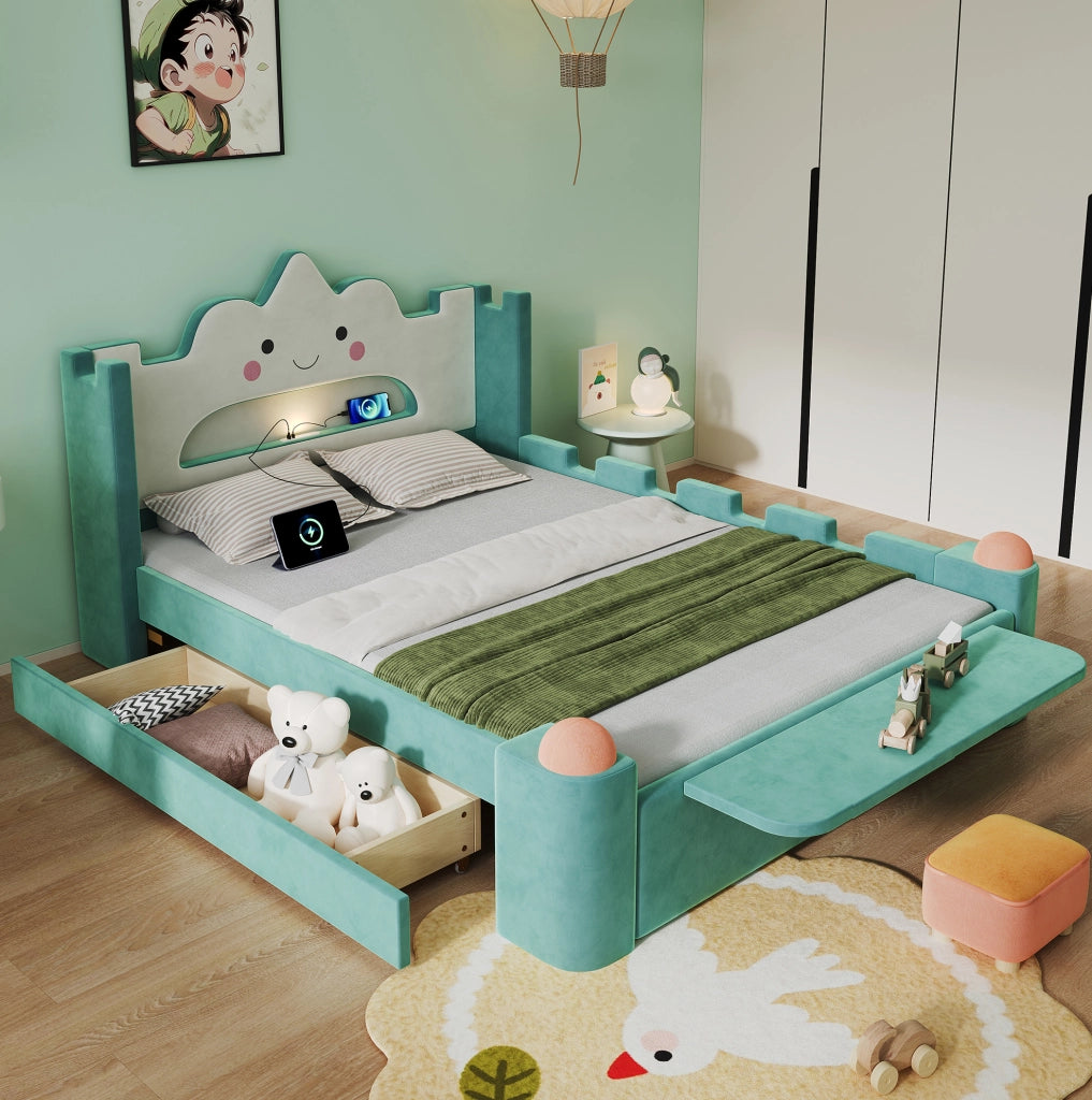 Letto imbottito per bambini a nuvola 140x200 cm blu-verde