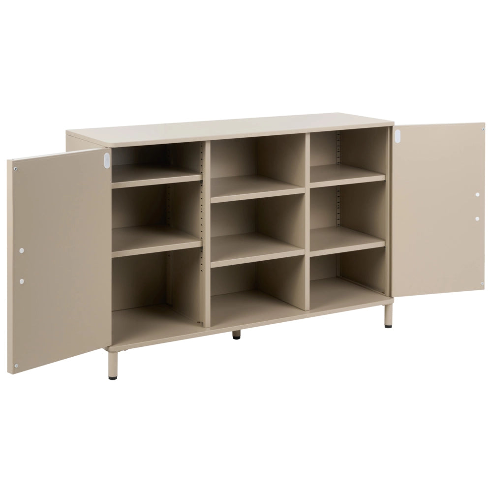 Credenza in acciaio color beige a 2 ante con ripiani aperti, angoli arrotondati e maniglie dorate