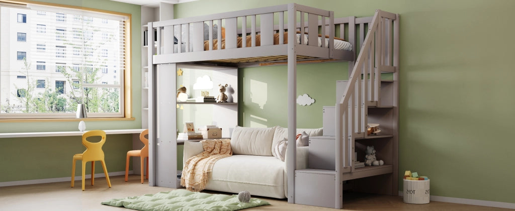 DESMIU Letto a soppalco 1 posto con scala contenitore e 3 vani, 90 × 200 cm, senza materasso, grigio
