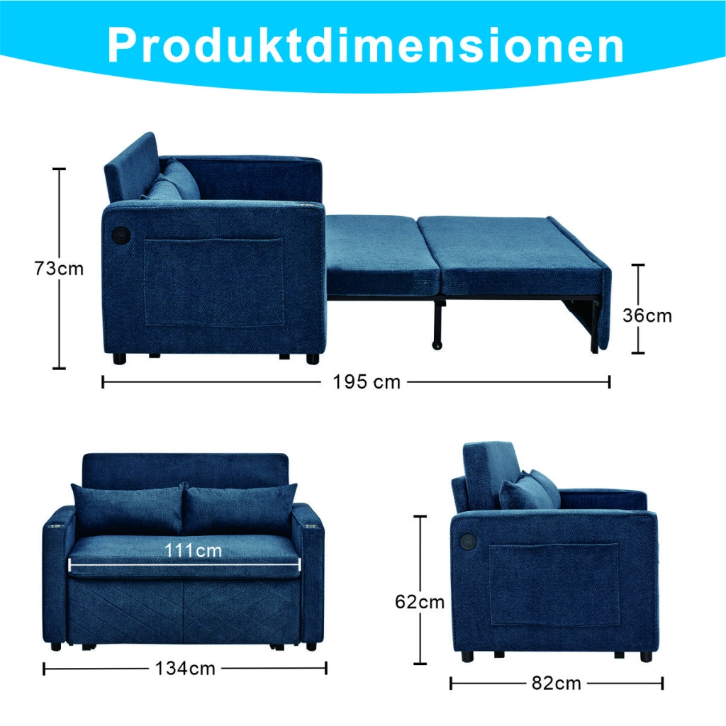 Divano letto 2 posti convertibile con funzione relax e porte USB; in tessuto; blu navy
