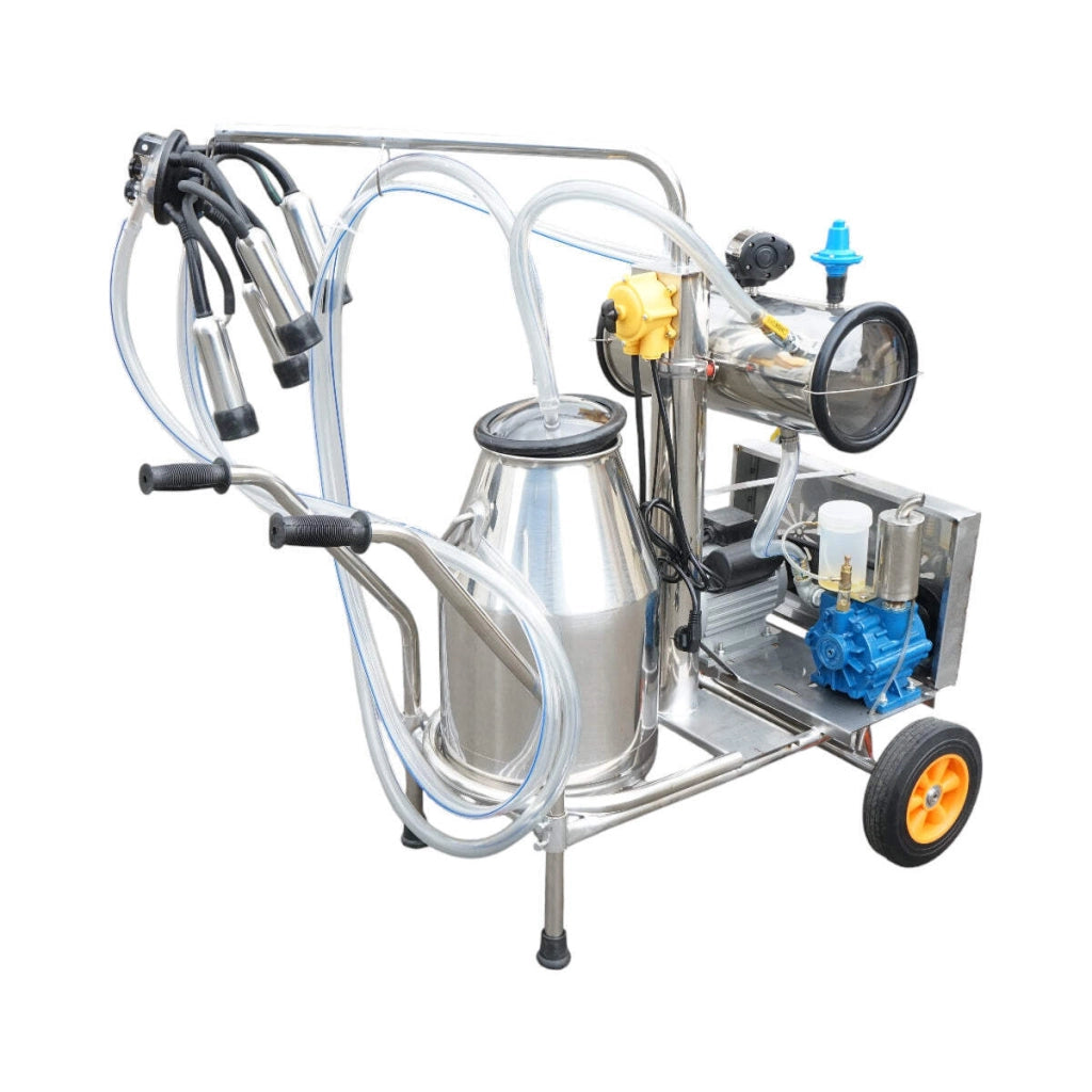 Dispositivo per mungitura di mucche, 1 postazione, 750W, 220V, bidone in acciaio inox da 25L, gruppo di mungitura con 4 manicotti, pressione del vuoto 40-50 kPa, pulsazioni 60-80 cpm.