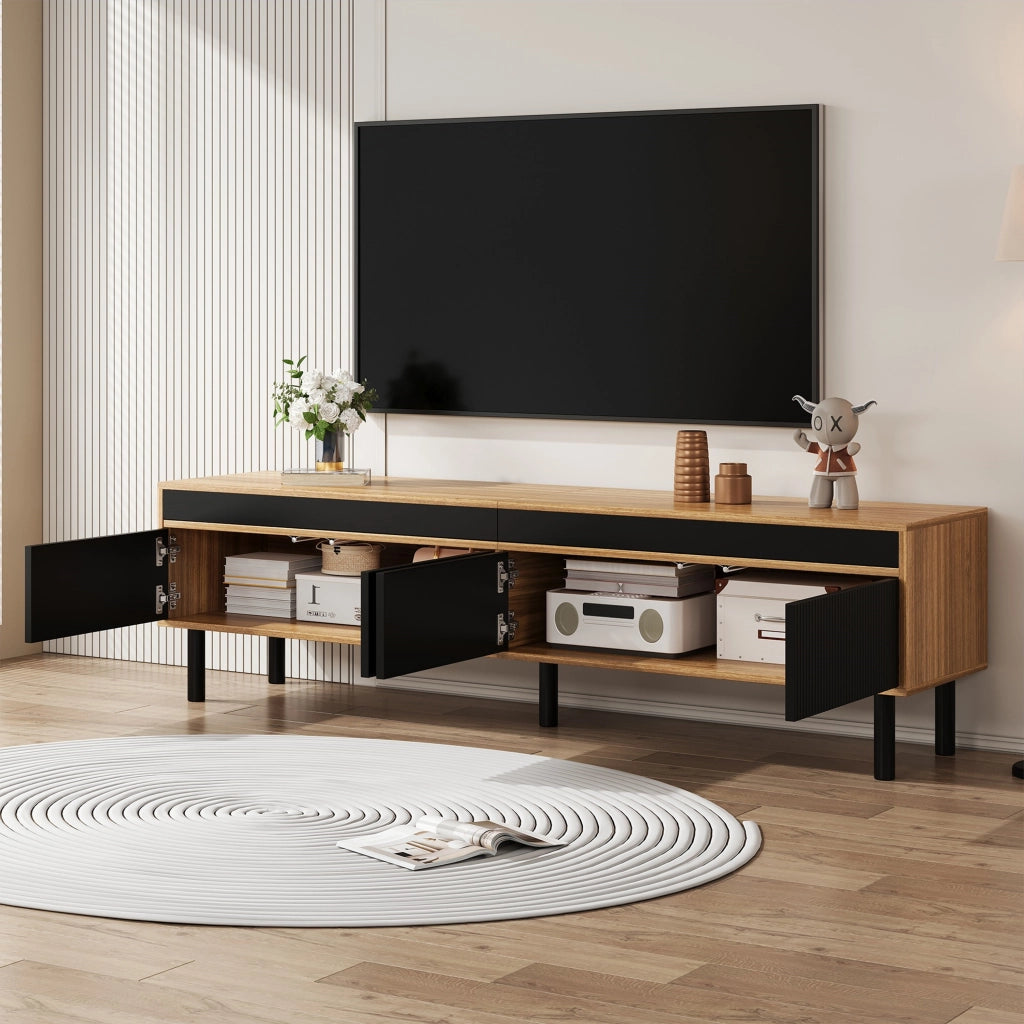 Mobile TV con 4 Ante e Apertura Push-to-Open; Effetto Doghe; Piedini in Legno; Stile Moderno; Nero; 170??38??47 cm