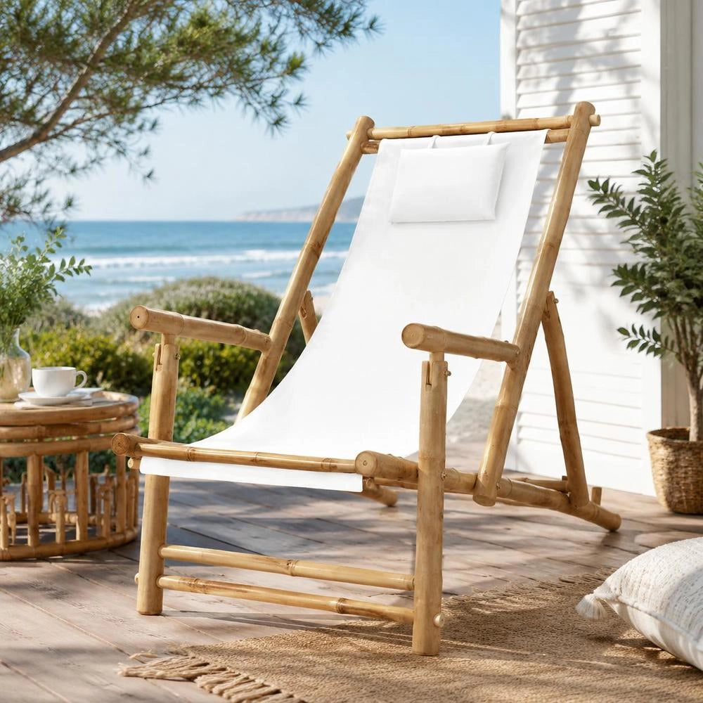 Bamboo And Cream-white Canvas Deck Chair