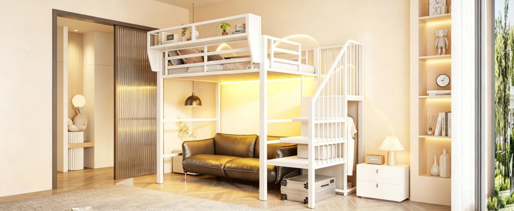 Letto a soppalco 90 × 200 cm con LED, scala di sicurezza e ripiani regolabili, senza materasso, in metallo bianco