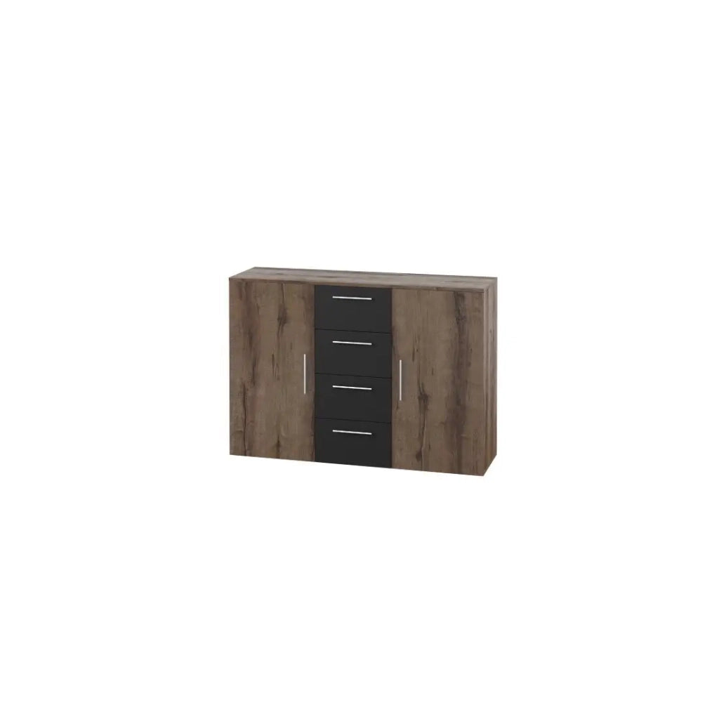 Comò con 2 ante e 4 cassetti 130cm. Collezione IRINA in imitazione di rovere scuro e nero.