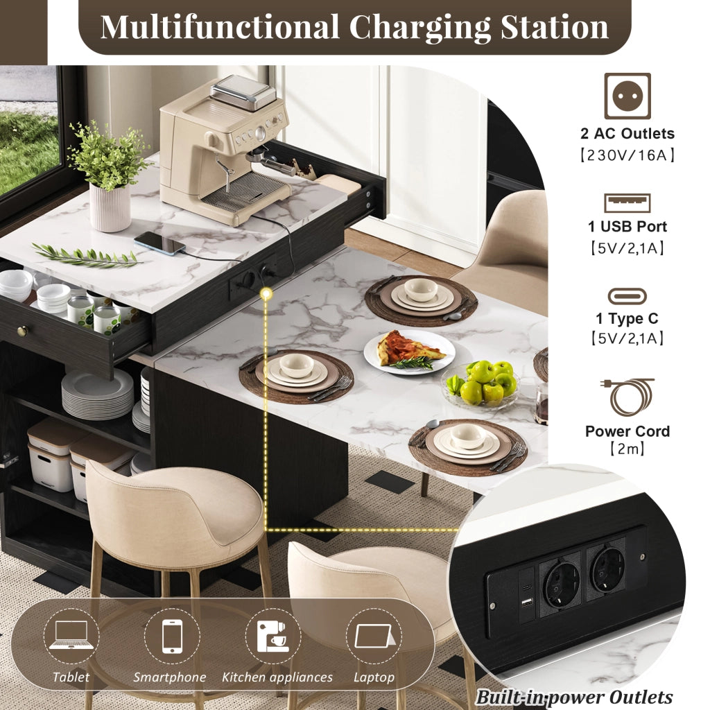 Tavolo allungabile per 4 persone con presa integrata 1 cassetto ripiani regolabili ante in vetro MDF bianco e nero