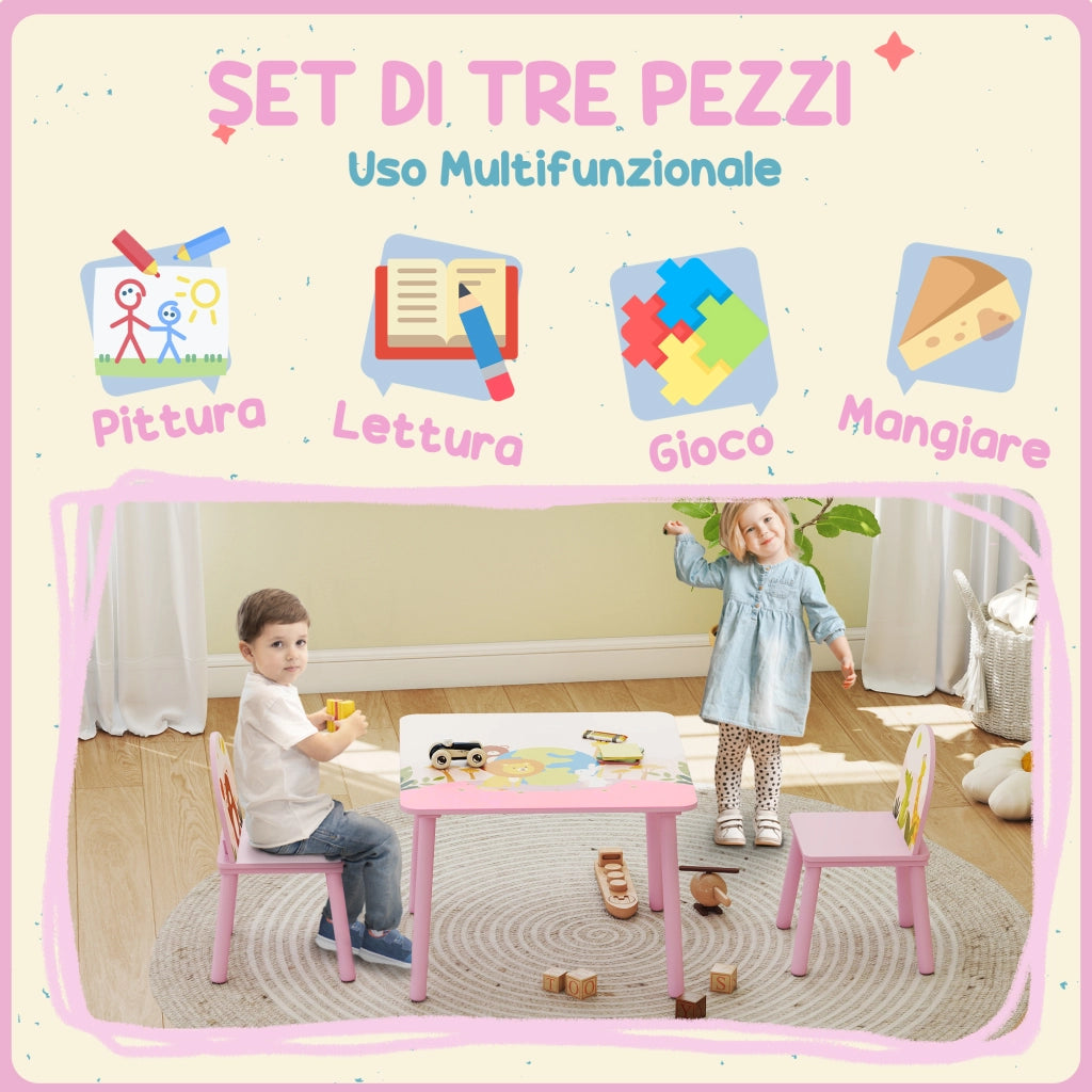 Set Tavolo e Sedie per Bambini 3-8 Anni Disegni di Animali e Bordi Arrotondati in MDF e Legno di Pino Rosa