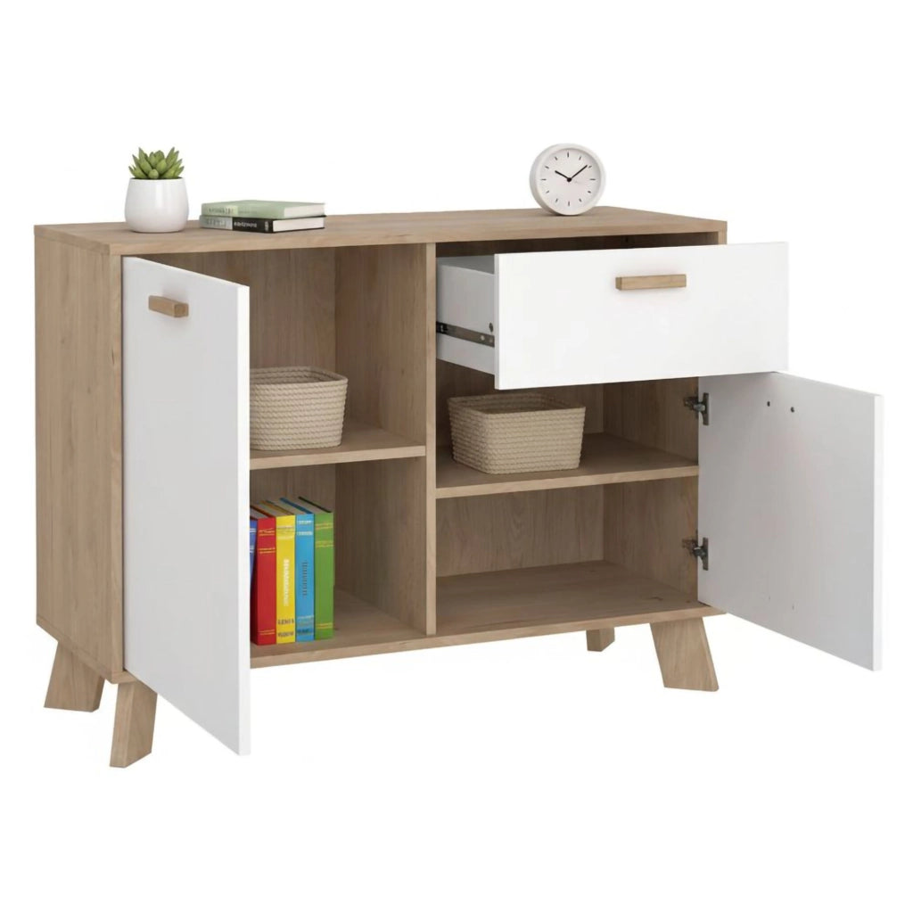 Credenza Tulo, Buffet da soggiorno, Madia da salotto, Dispensa da cucina, 99x39 h73 cm, Rovere e Bianco