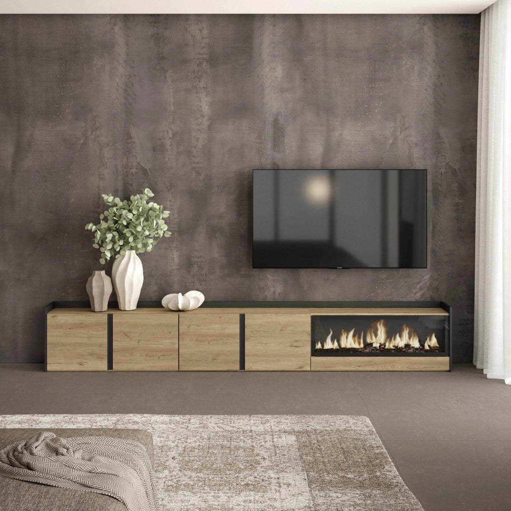 Mobile TV Soggiorno, 315x50x35 cm, Per TV fino a 80", Camino elettrico XXL, Rovere e nero