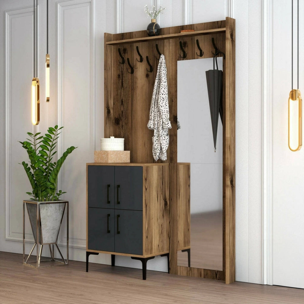 Mobile da ingresso Isidore, Entratina appendiabiti, Composizione per atrio, Consolle portaoggetti multifunzione, 120x35h200 cm, Noce e Antracite