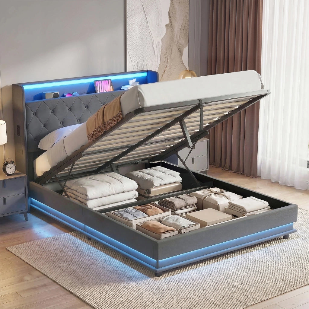 Letto contenitore imbottito con testiera e luce LED ¨C zephmum ¨C 140x190 cm grigio con contenitore idraulico