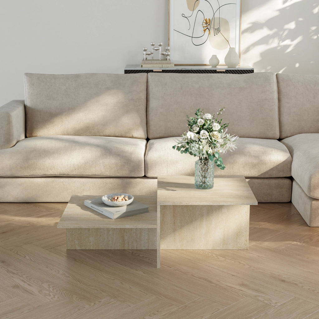 Tavolino da Salotto Taniena a Doppio Livello 100x55x35 cm Color Avorio Travertin [en.casa]