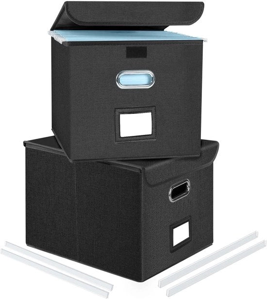 Hangmappendozen con coperchio, A4 hangmappendoos in stile lino con pannelli di fibra e carta, adatto per la casa e l'ufficio, e hangmappendozen (Nero-2pz)