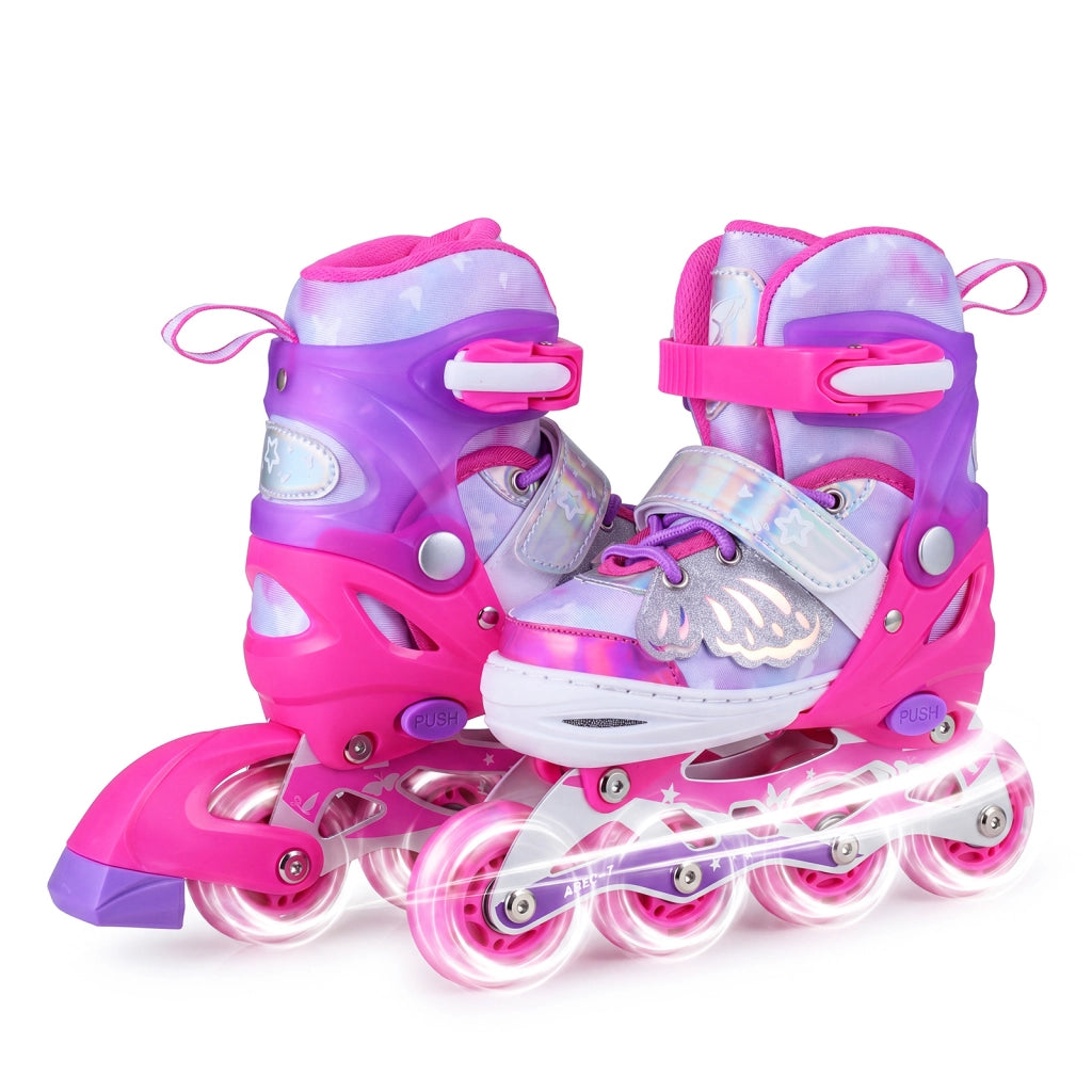 Pattini in linea per bambini con ruote luminose, Pattino a rotella per principiante misura regolabile professionale sport Rosa S