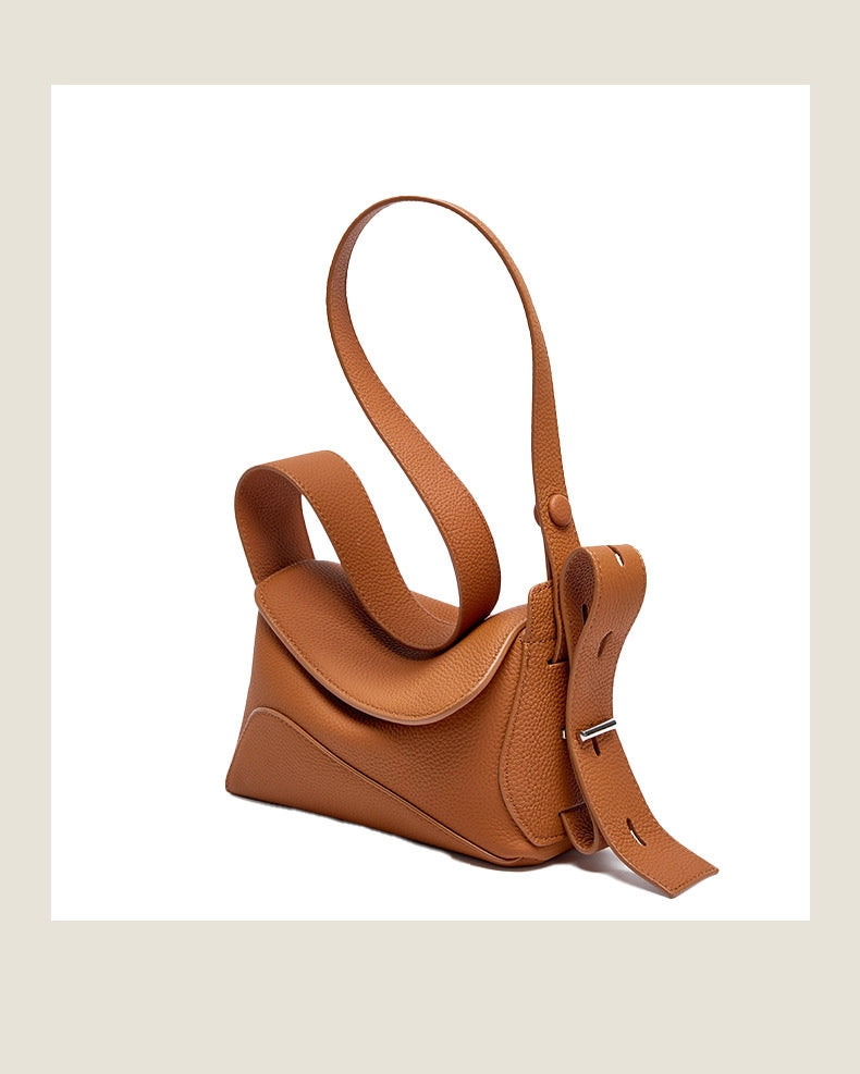 Borsa a tracolla da donna in vera pelle, spaziosa e casual, colore marrone.
