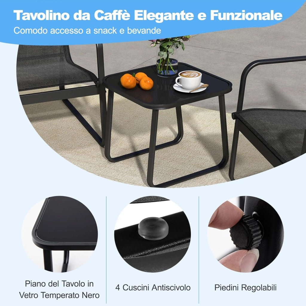 Set Tavolino e Sedie da Giardino, Set Bistrò 3 Pezzi, Set da Giardino in Metallo e Tessuto Textilene, Tavolino in Vetro Temperato, per Giardino, Cortile, Bordo Piscina (Nero)