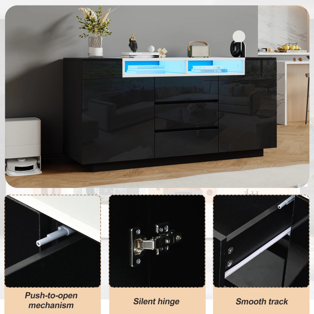 Credenza soggiorno nera 140 cm mobile buffet lucido con LED e cassetti