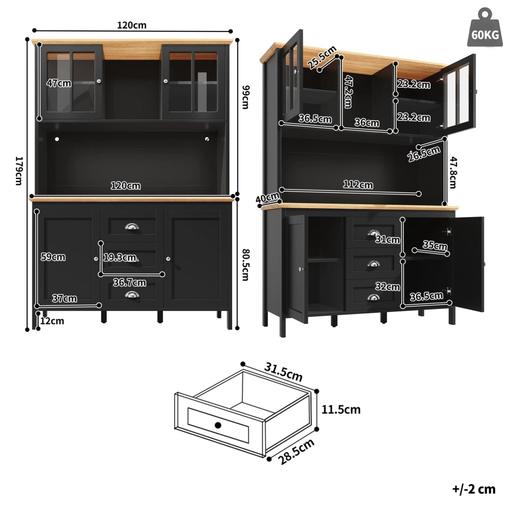 Credenza alta con LED, 4 ante e 3 cassetti, 120x40x179 cm