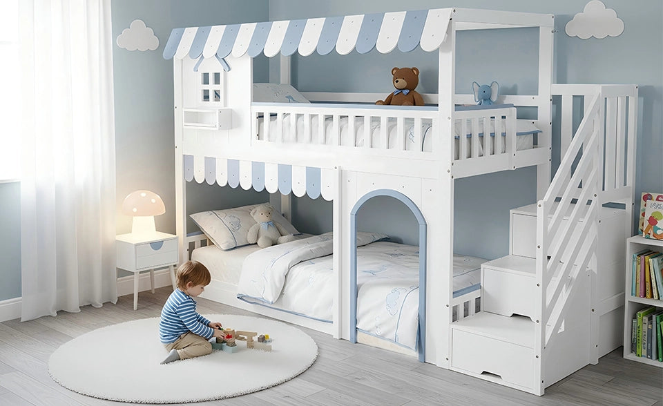 Letto a castello per bambini con armadio a scaletta, struttura in pino e MDF, bianco e blu, 90x200 cm