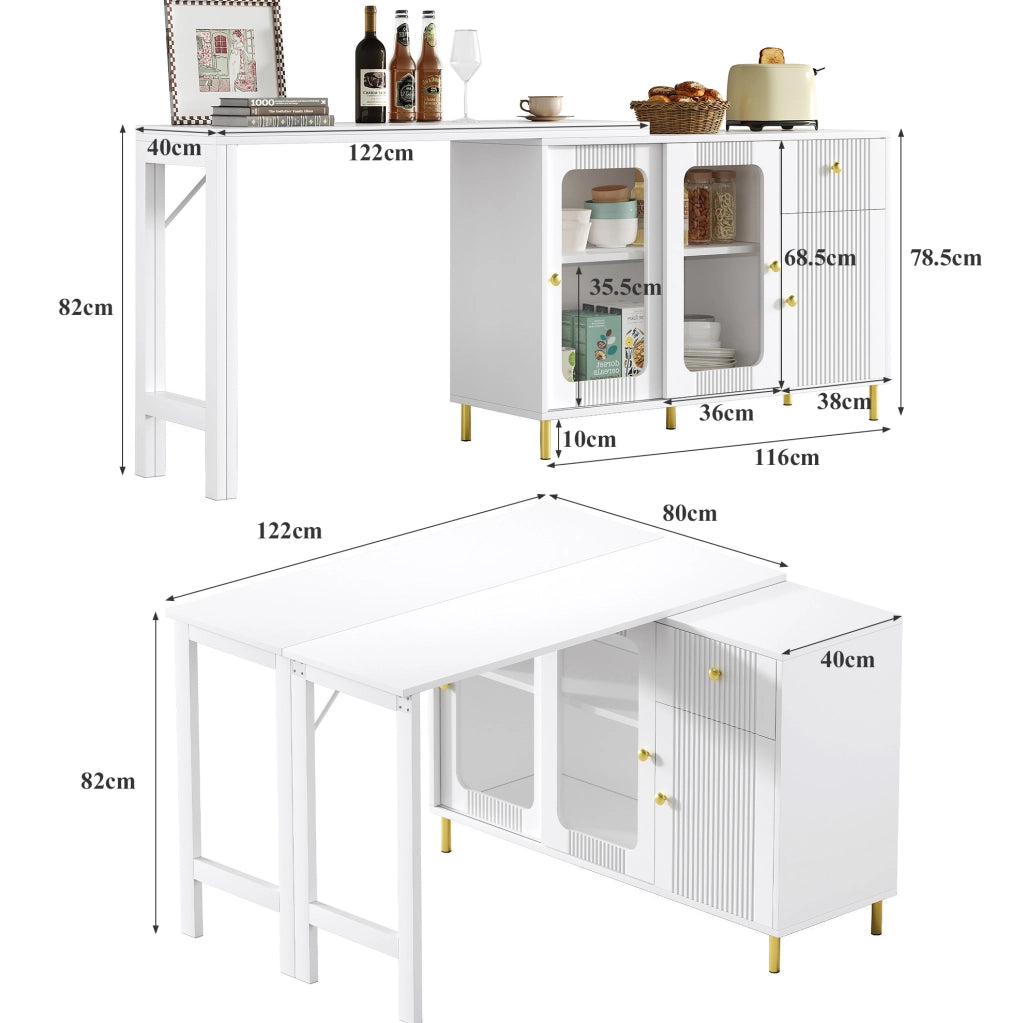 Madia sideboard con piano pieghevole ed estensibile 116x40x78;5 cm in MDF bianco