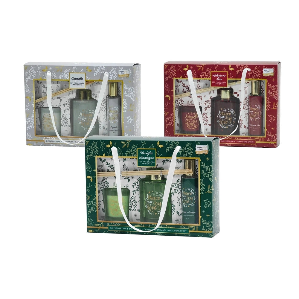 Trade Shop - Set Diffusore Fragranza 100ml Con 6 Bastoncini Candela Profumata Spray Ambiente Natalizio -