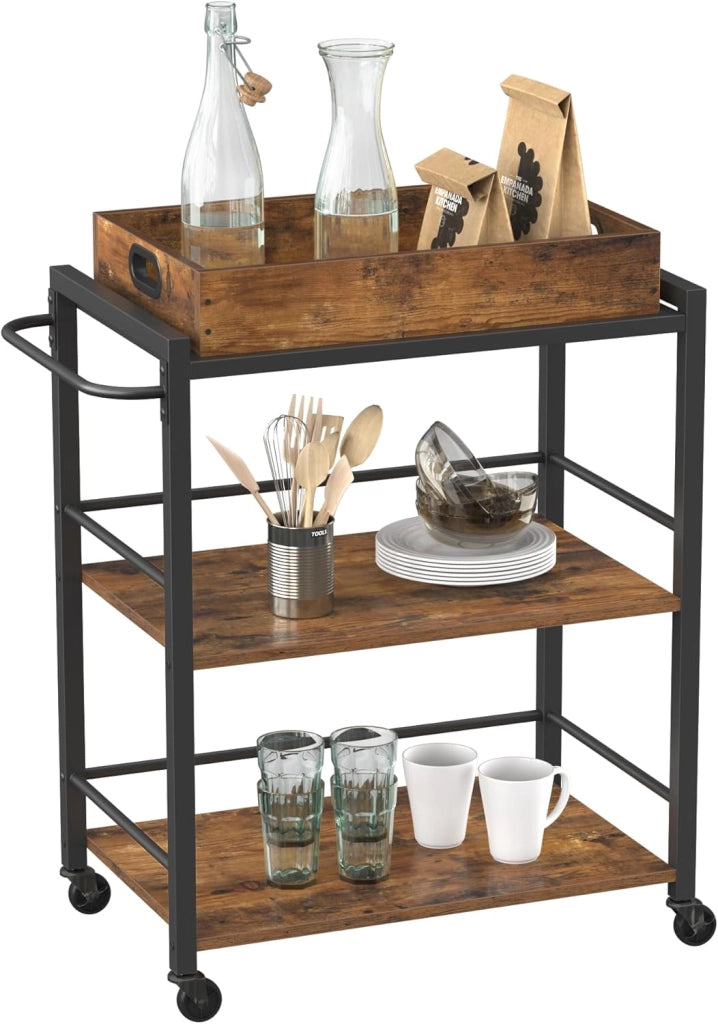 VASAGLE Carrello da Cucina con Vassoio Rimovibile, Carrello Portavivande Fisso o con Ruote, Struttura in Acciaio, Scaffale Cucina 40 x 72 x 86 cm, Marrone Vintage e Nero Inchiostro LRC72X