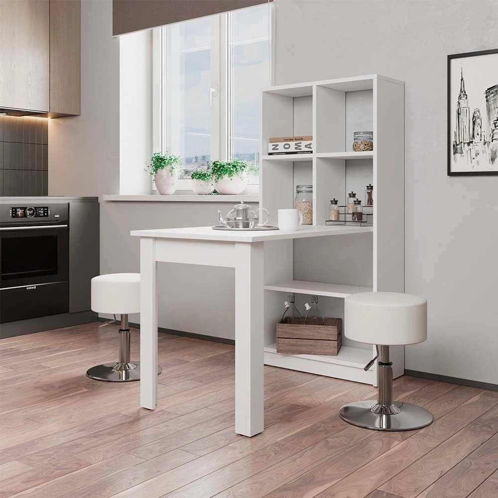 Tavolo da pranzo Gael, Bianco, 70 x 122 cm con 6 scomparti, adatto come zona pranzo e per riporre utensili da cucina