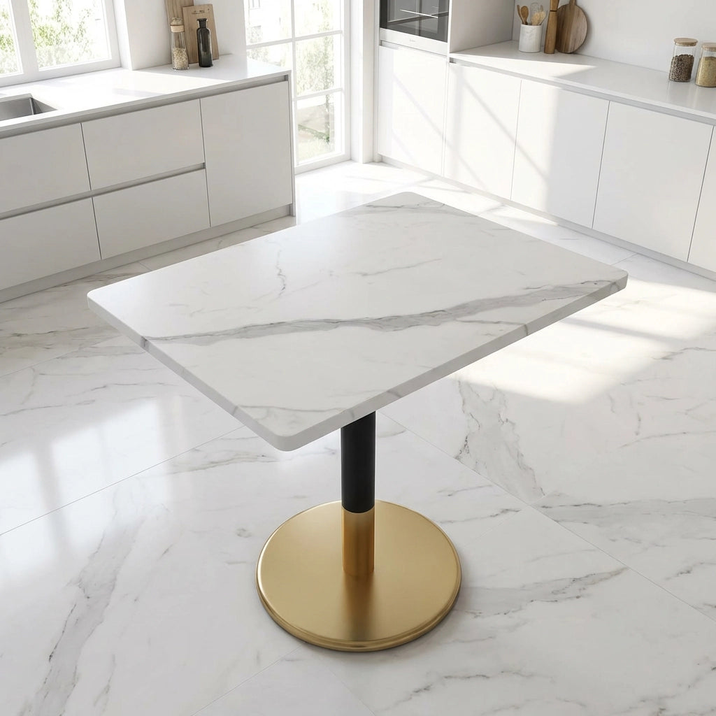 Tavolo da Pranzo Rettangolare ¨C MINIMAL ¨C Piano Effetto Marmo Bianco, Gambe Metallo Nero, 80x60