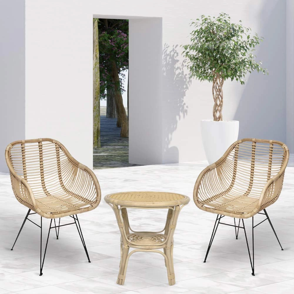 Set di 2 sedie Desy in legno di bambu con gambe in ferro e 1 tavolino in bambu