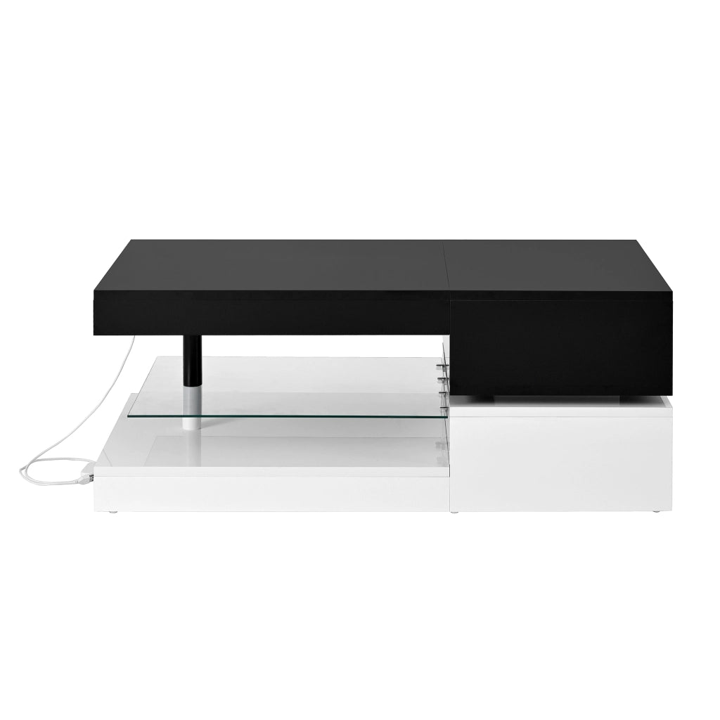 Tavolino da caffè 90x45x35.5 cm; LED con APP e Bluetooth; pannello truciolare e vetro; nero e bianco