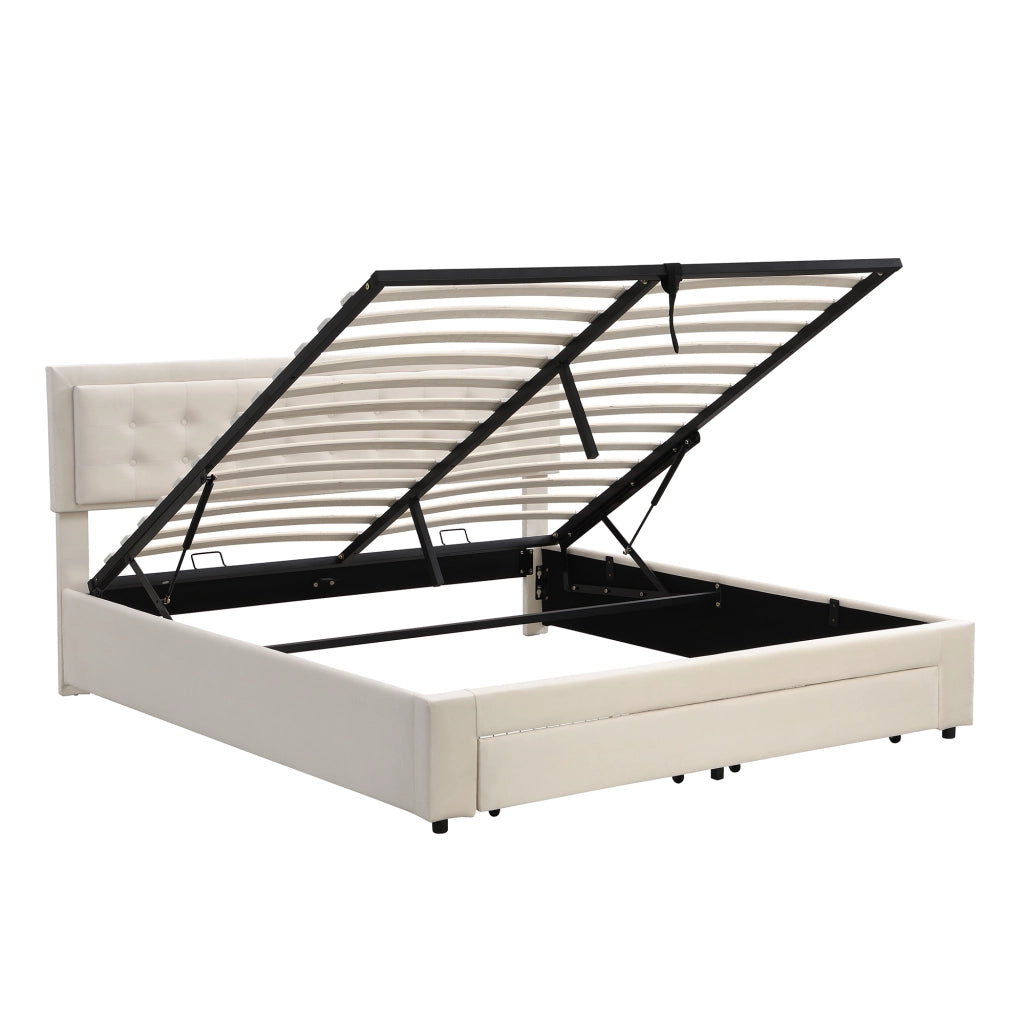 Letto contenitore matrimoniale 180 × 200 cm con testiera regolabile, cassetti e vano idraulico, senza materasso, beige