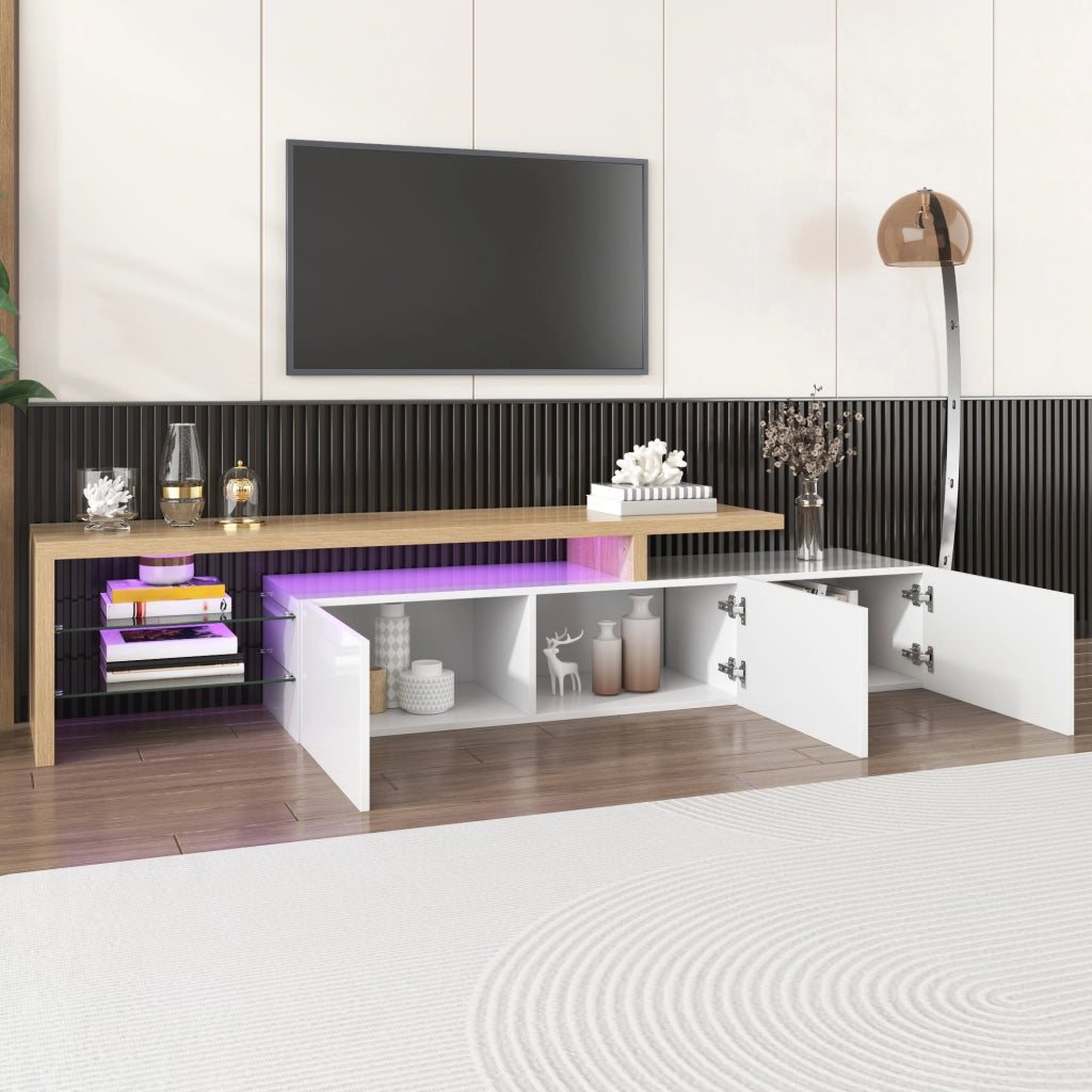 Mobile TV 3 ante, nicchie e LED per soggiorno, in MDF e vetro, naturale e bianco, 197.5 × 39 × 42 cm