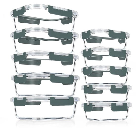 Set di contenitori in vetro per snack, con 10 contenitori a chiusura ermetica, per freezer e lavastoviglie, grigio