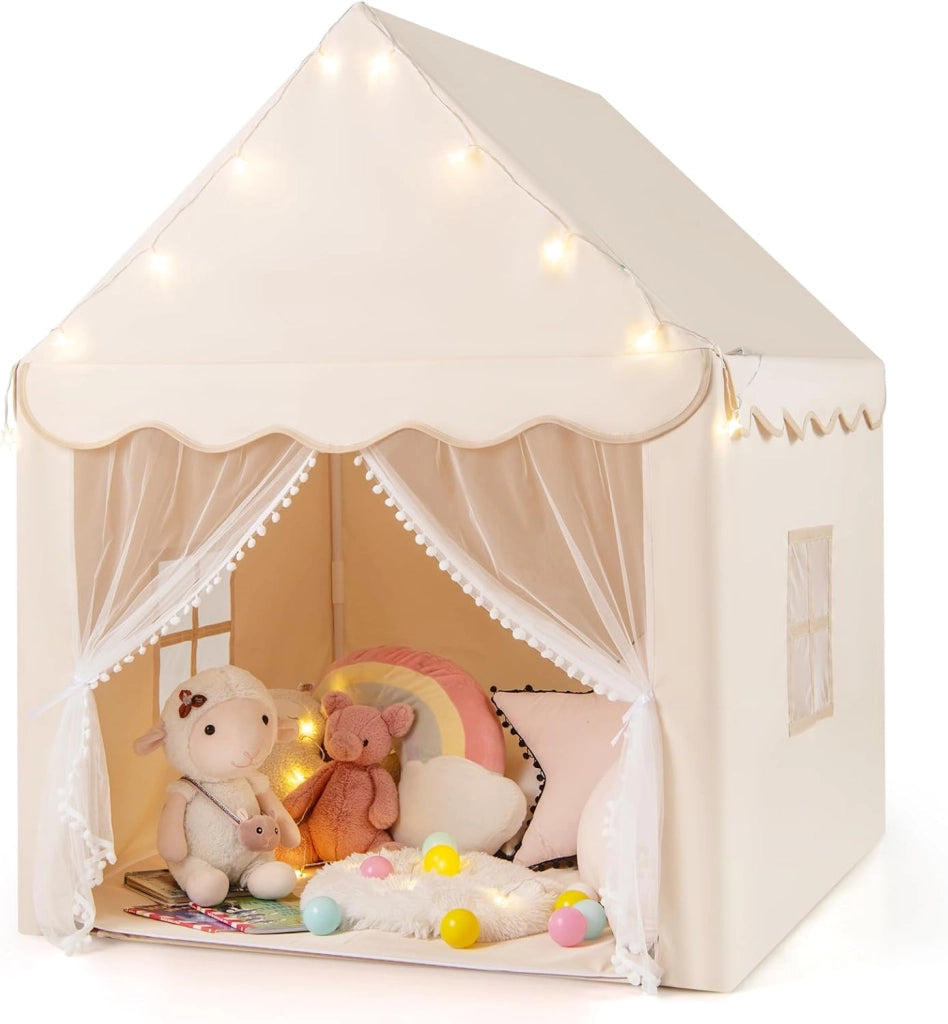 Tenda da Gioco per Bambini, Tenda Castello con Tappetino Lavabile, Luci a Forma di Stella, per Interno ed Esterno, 105 x 121 x 136 cm (Stile 2 Beige)