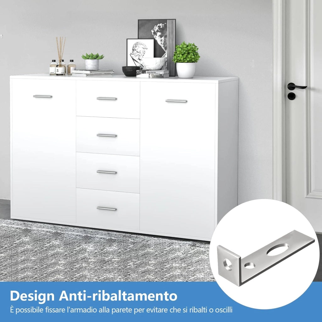 Armadio di Legno con 4 Cassetti e 2 Ante, Credenza Cassettiera di Stoccaggio con Ripiani Regolabili, Mobile Comò per Salone Camera da Letto Ingresso,123 x 34,5 x 82 cm (Bianco)