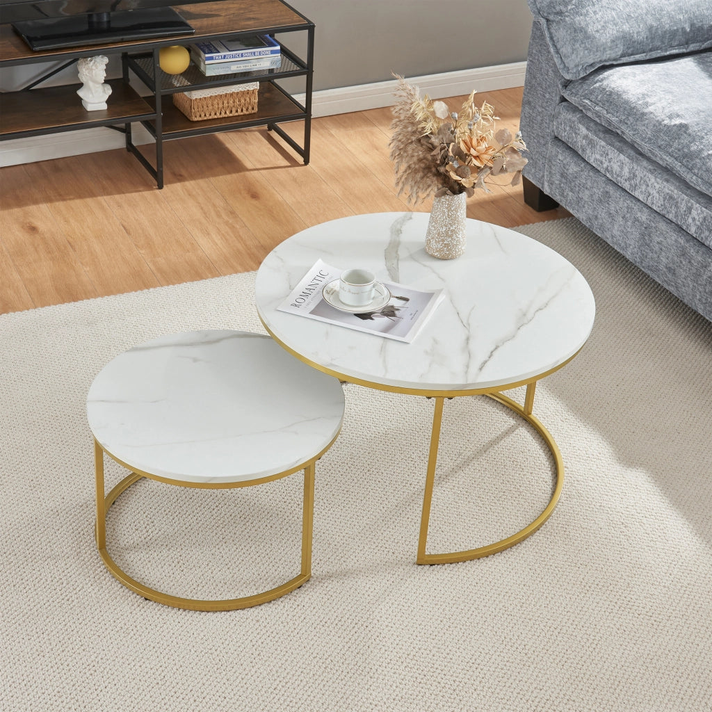 Set Christchurch 2 Tavolini Sovrapponbili con Piani Rotondi - Effetto Marmo Bianco / Oro [en.casa]