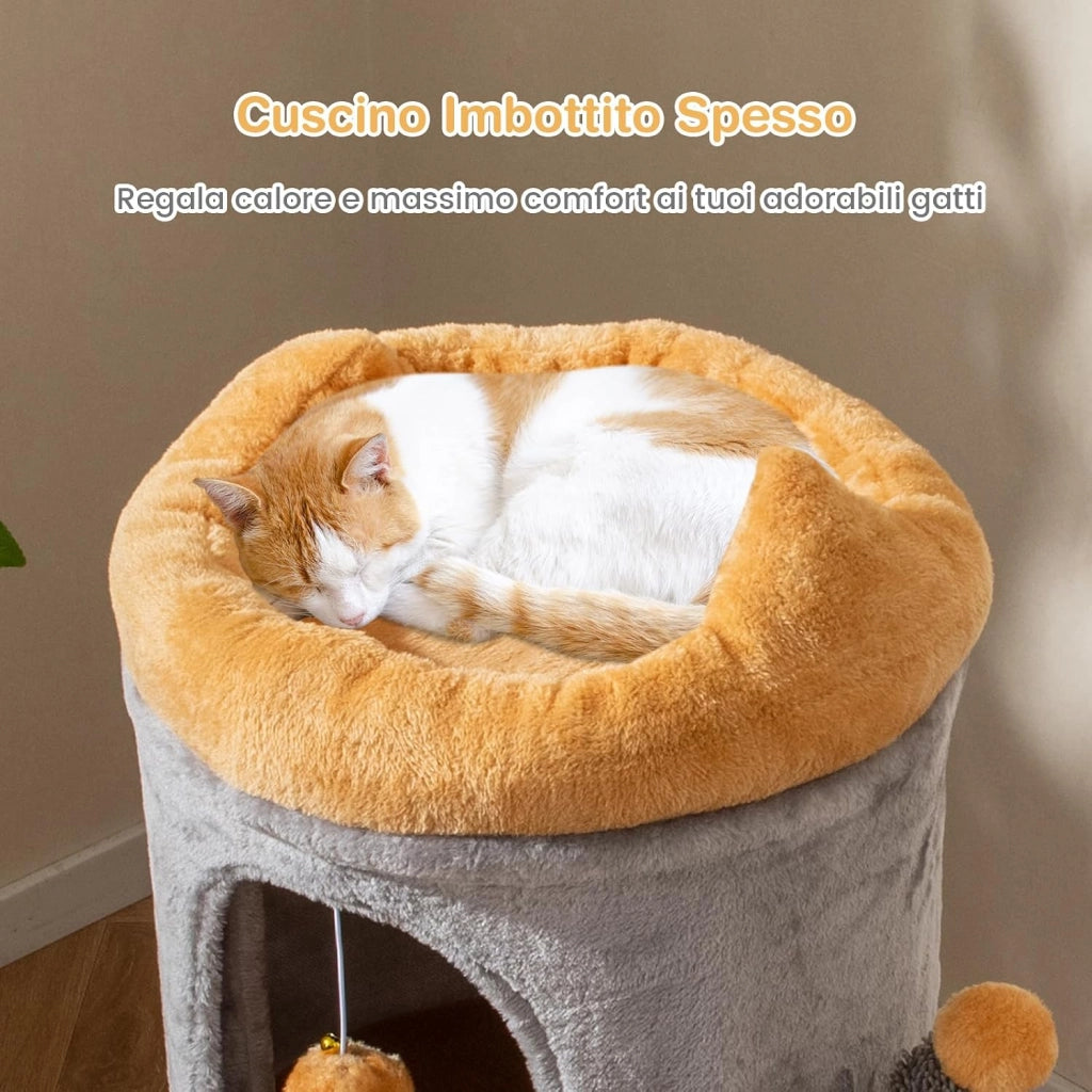 Cuccia per Gatti a 2 Piani, Albero per Gatti con 2 Comode Casette, 2 Palline Pendenti in Peluche, Piattaforma Imbottita in Peluche, Mobile Grotta per Gatti, Nascondiglio a Forma di Barile