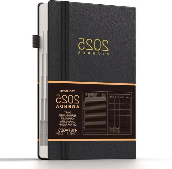 Agenda 2025 - 365 pagine calendario e 24 pagine piano mensile - multilingue - pennarello e spazio interno - edizione legata (nero)