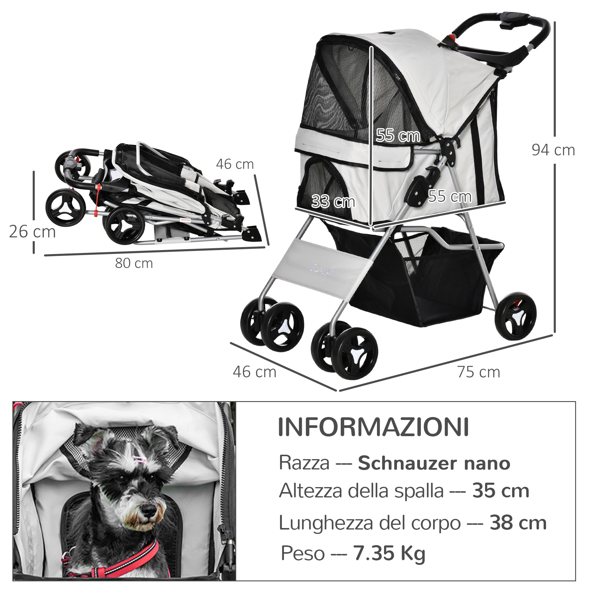 Passeggino per Cani Pieghevole con 3 Reti e Cerniera 75x46x94 cm in Ferro e Tessuto Oxford Grigio