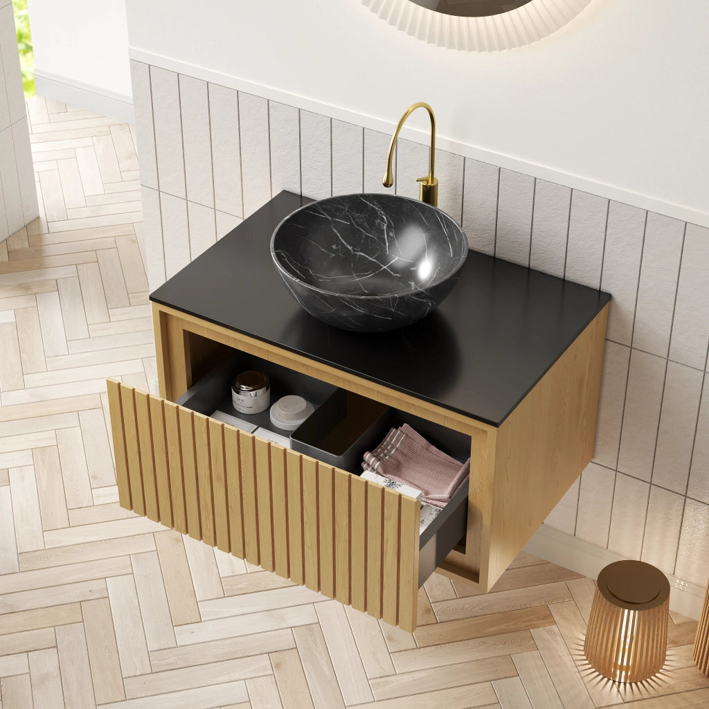 Mobile bagno sospeso con 1 cassetto e lavabo in ceramica con piano in pietra sinterizzata per bagno