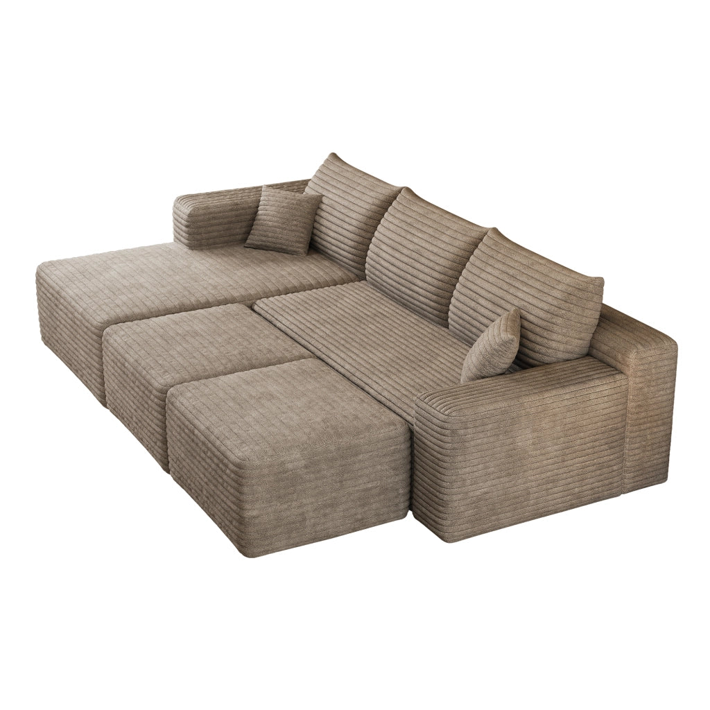 Divano angolare in corduroy a righe; seduta profonda - cammello 241×151×58 cm