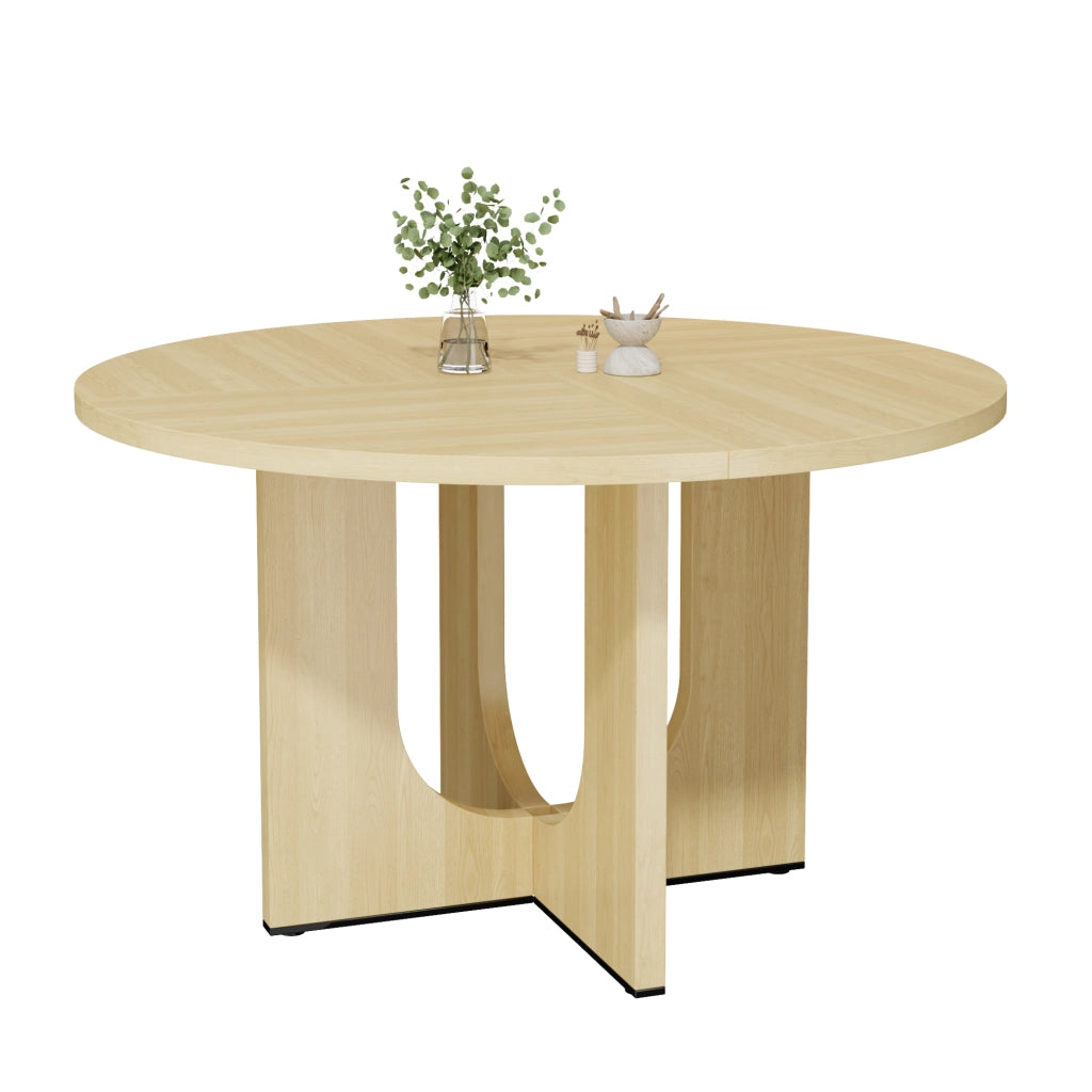 Tavolo da pranzo rotondo 120x120x75 cm per 4-6 persone; stile scandinavo minimalista; MDF effetto rovere