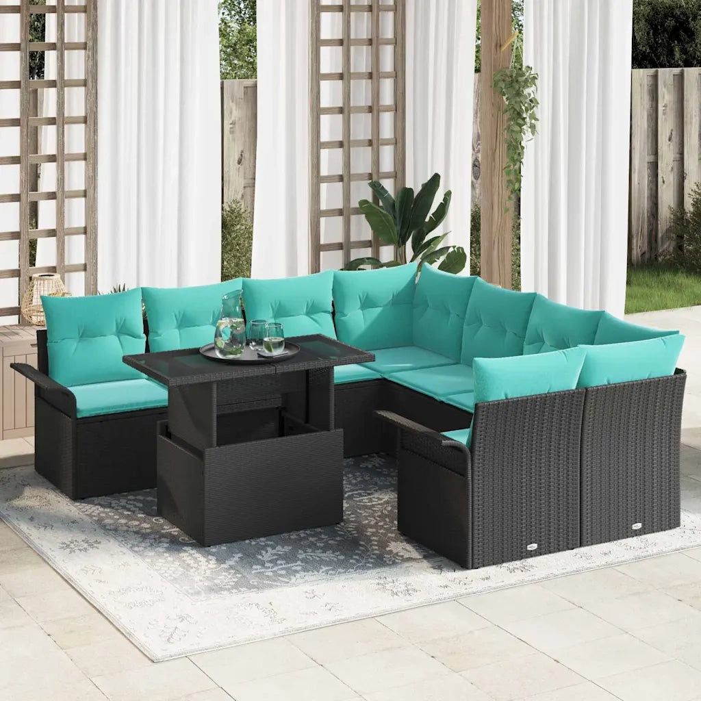 Set Divano da Giardino con cuscino 9 pcs Nero Poly Rattan