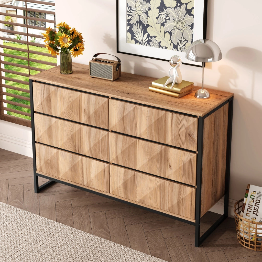 Cassettiera con 6 Cassetti e Struttura in Metallo; Frontali Testurizzati; Stile Moderno; per Soggiorno; in Truciolare; Nero Naturale; 120??40??80 cm